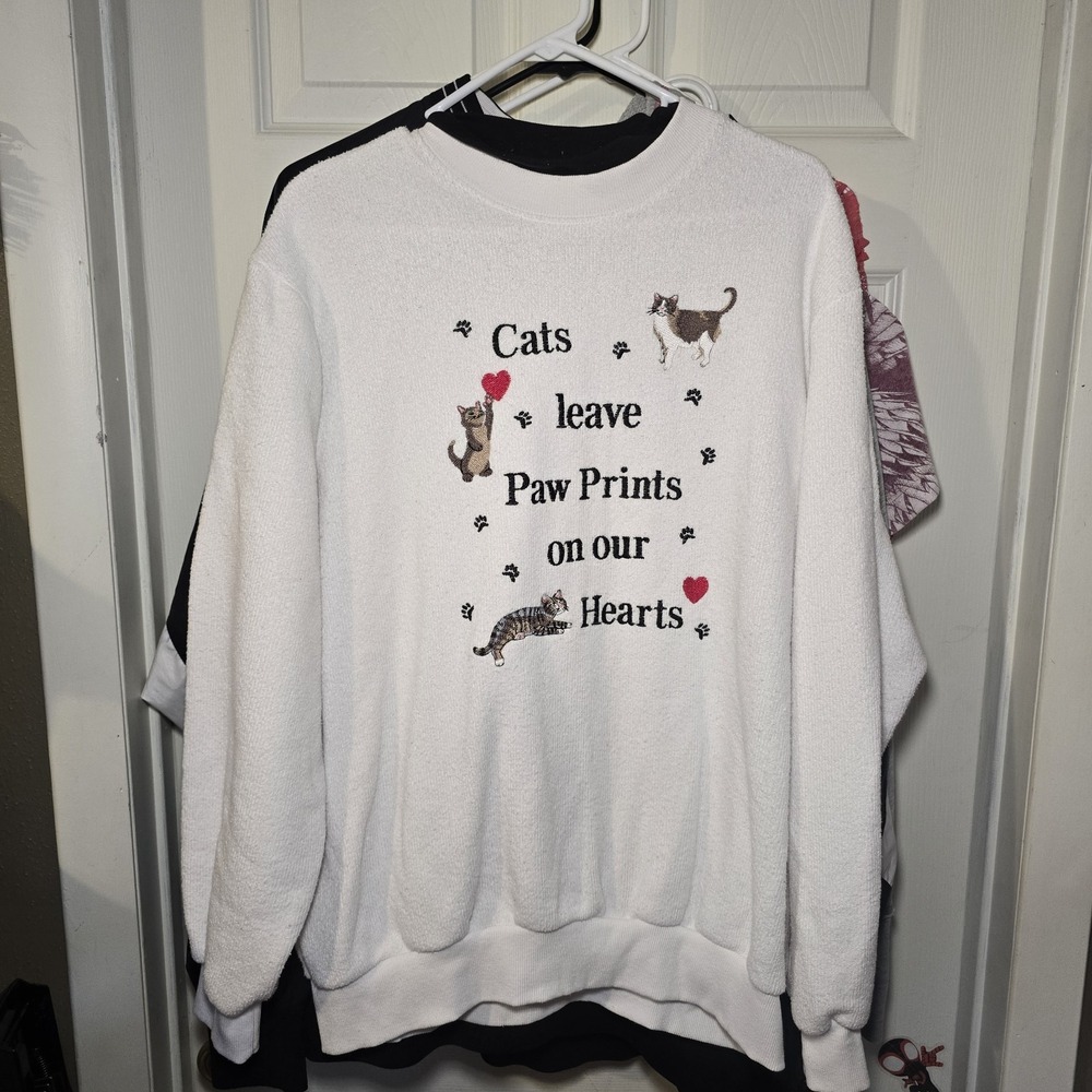 VTG 90s L White Collared Cottagecore Grandma Sweatshirt Cat Embroidered Ribbed